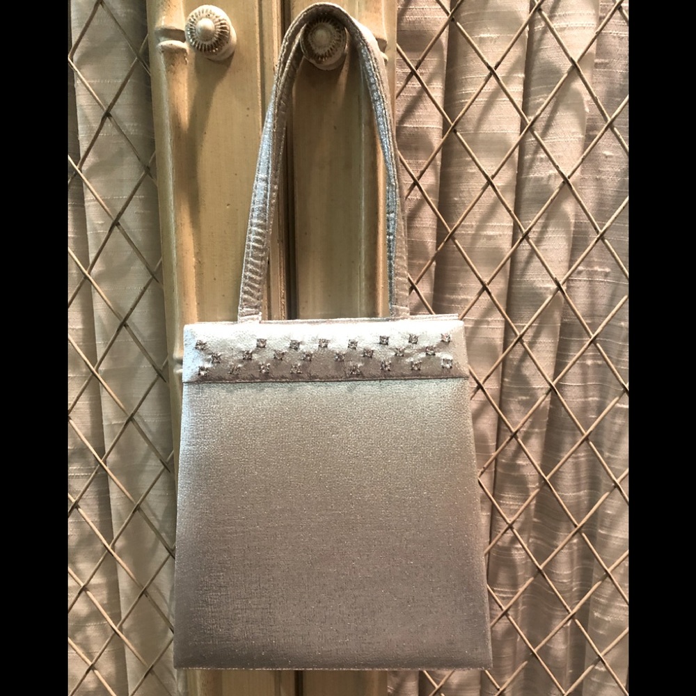 Silver Satin Evening Bag w/ Rhinestones